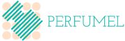 Logotipo da loja Perfumel com um frasco estilizado de perfume desenhado com linhas turquesa